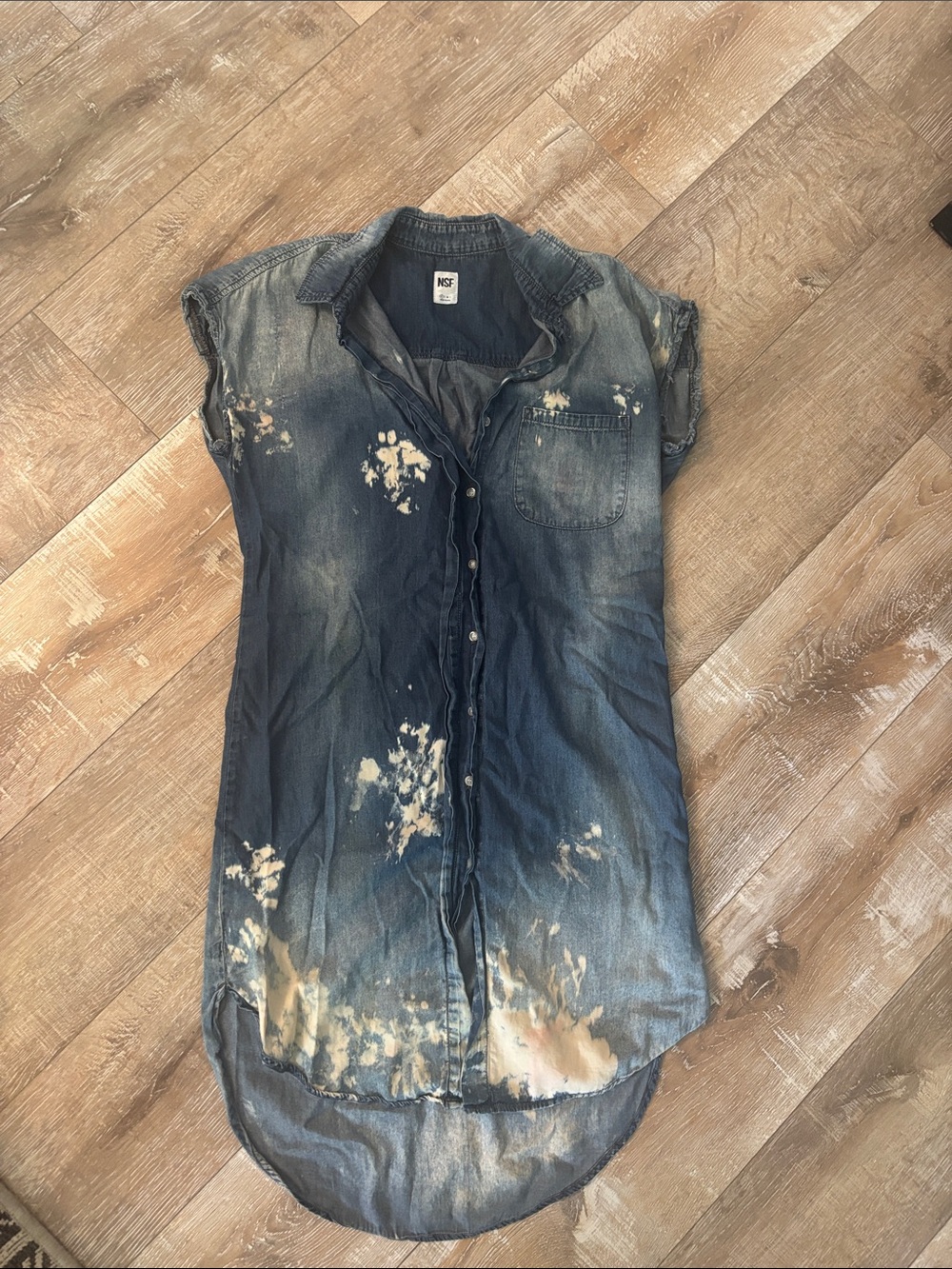 Distressed Washed Denim Button-Front Tunic Top - Blue NSF brand.